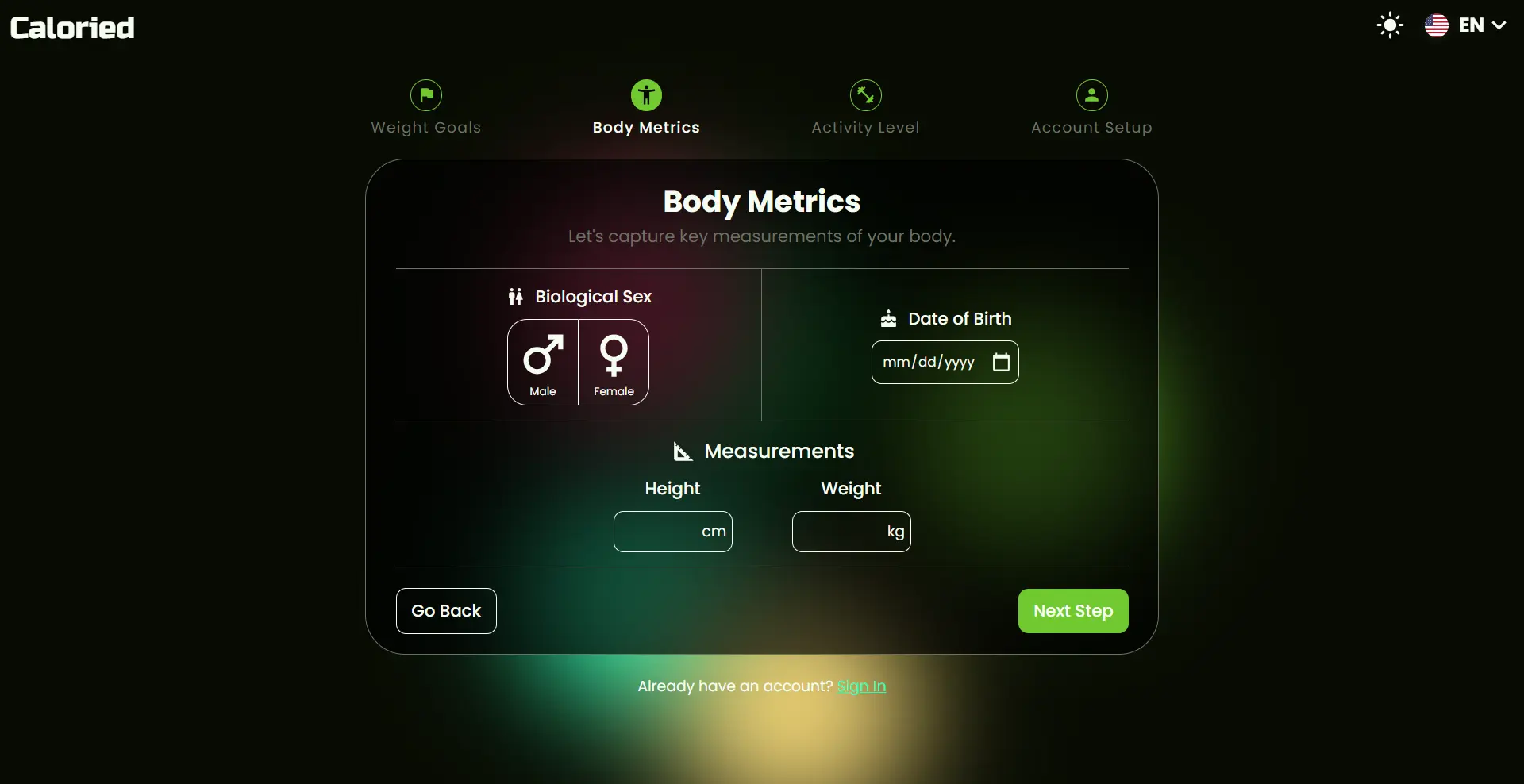 ProjectDetails.caloried.screenshots.auth.title